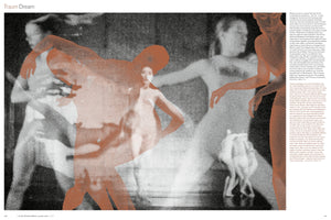 A two-page magazine spread titled Traum Dream. The main visual is a grainy, black-and-white, abstract photograph of several nude figures in dynamic, dance-like poses. Overlaid on this are large, semi-transparent, orange-brown silhouettes of human forms with a stippled texture, creating a layered, surreal effect. Text by Sasha Waltz is visible on the right page.