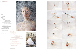A two-page magazine spread titled Cloud Wolke. The left page shows an artistic portrait of a face covered in white, wispy fibers next to columns of poetry. The right page features a grid of twelve images of a woman in a white dress posing and floating on a large, billowing white sheet of fabric.