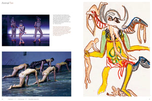 A two-page spread from a publication titled Animal Tier. The left page shows two photographs of modern dance performances. The top photo has four dancers in elaborate costumes with animal-like masks. The bottom photo shows several sparsely-clothed dancers crawling on a stage floor. The right page features a large, colorful, childlike drawing of a fantastical beast surrounded by smaller, sketch-like human figures.