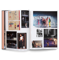An open art book displaying a two-page spread titled Box. The pages feature a collage of images related to performance art, including childlike drawings, photos of dancers on a stage, a woman standing in a narrow upright box, and a large photo of performers crowded inside a transparent cube.