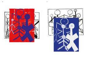 An art book spread displays two variations of a print with a childlike, graphic style. On the left, a red block features three stylized stick figures in blue and pink. On the right, the same composition appears with a blue block, and the figures are in white. Both prints are layered over a simple black line drawing of a crowd.