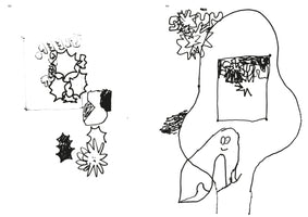 A two-page spread from a sketchbook with black and white line drawings. On the left page, labeled 152, are several abstract, spiky, star-like shapes, some within a loosely drawn rectangle. On the right page, 153, a large, amorphous head-like figure contains a window filled with scribbles, is topped with more spiky shapes, and has a small, smiling cartoon character with a long nose at its base.