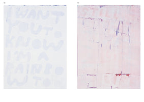 A two-page book spread showing two paintings. The painting on the left has the words I WANT YOU TO KNOW I'M A RAINBOW TOO in a light purple, bubbly font on a white background. The painting on the right is an abstract composition in pale pink and white, with faint, obscured text and drips of purple and red paint.