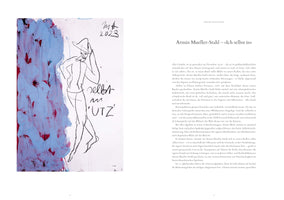 An open book spread shows a mixed-media artwork by Armin Mueller-Stahl on the left page and German text on the right. The 2023 artwork features a black line drawing of a figure in a hat, with handwritten text reading selbst in UTZ, next to an abstract block of thick, light blue paint over red. The right page is titled Armin Mueller-Stahl – Ich selbst in.
