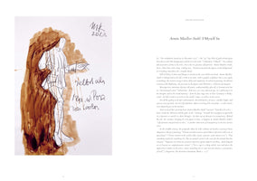 An open book showing a two-page spread. On the left is a drawing of a person in a historical costume, rendered in black ink against a background of brown paint. Handwritten notes are visible on the drawing. On the right page is a block of text in English with the title Armin Mueller-Stahl: I Myself In.