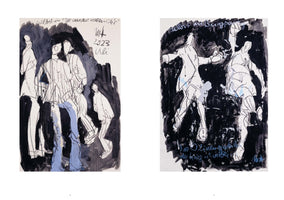 A two-page spread showing two expressive, abstract paintings of human figures. The artworks are primarily black and white with accents of light blue, rendered in a gestural style with ink and wash. The left painting shows a group of figures standing, while the right painting depicts figures in dynamic motion. Both pieces include handwritten text.