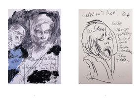 A two-page spread from an art book. On the left is an expressive mixed-media portrait of two figures in black, white, and blue, with handwritten German text below. On the right is a simple black charcoal sketch of a person with their mouth wide open in a scream, surrounded by more handwritten text.