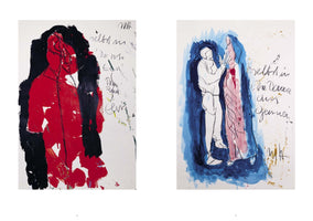 A diptych of two expressionist paintings with handwritten text. On the left, an abstract figure is rendered in bold red and black paint. On the right, a line drawing of a white figure stands next to a taller pink form with a red heart, all surrounded by a wash of blue paint.