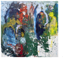 A vibrant and chaotic neo-expressionist painting with thick, energetic brushstrokes. The abstract scene features several figures, including one on the right in a bright yellow coat and a small, yellow-faced figure with black spiky hair near the bottom. The composition is a dynamic mix of bold colors, primarily red, dark blue, and deep green, against a lighter, scrawled background.