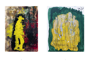 A two-page spread from a book showing two abstract expressionist paintings. On the left, a heavily textured, bright yellow silhouette of a figure stands against a dark, chaotic background of red, black, and green. On the right, a yellow mass suggesting a group of figures is framed by a solid dark green background, with thin black lines and cursive writing scribbled over the top.