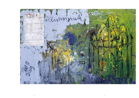 A mixed-media abstract painting with a textured surface in shades of green, yellow, and blue. On the left, a collaged document is partially covered by pale blue paint, with the word Illuminati handwritten nearby. The right side features a black-outlined, yellow-highlighted drawing of a cathedral-like structure against a vibrant green background. A dark blue circle is visible in the center.