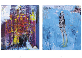 A side-by-side view of two abstract expressionist paintings. On the left, a black-line drawing of a domed building is layered over a vibrant background of purple, magenta, and yellow paint. On the right, a slender, sketched figure stands against a textured background of thick, sweeping blue and white brushstrokes.