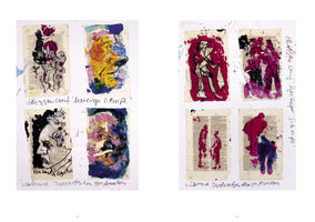 A two-page spread from an artist's sketchbook. Each page displays a grid of four mixed-media artworks created on torn-out, printed book pages. The expressive, abstract pieces depict figures and portraits using ink and paint in bold colors like magenta, black, yellow, and blue. Handwritten German text is written on the white background around the artworks.