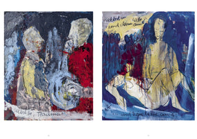 A side-by-side display of two German expressionist paintings. The left painting features abstract figures with heavy, textured paint in dark tones with red and yellow accents, and includes the text selbst im Trauma. The right painting shows nude figures against a blue and yellow background, with the text selbst in Liebe and ...und deine liebe auch.
