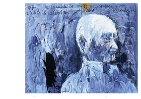 An expressionist painting of a person's head and shoulders, rendered in thick, textured brushstrokes of blue and white. The figure faces to the right with a somber expression. The background is a mix of abstract blue strokes and black scribbled lines. At the top left, there is black handwritten text in German, including the year 2023, and a splotch of yellow paint with the number 93.