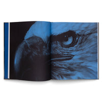 An open book on a white surface displaying a dramatic, two-page spread of an eagle's head in a blue-toned, high-contrast close-up. The left page shows the bird's powerful, hooked beak against a black background, while the right page focuses on its intense, detailed eye.