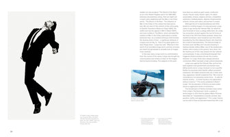 A two-page book spread. The left page features a large black and white drawing by Robert Longo of a man in a suit, contorted and leaning dramatically backward against a white background. The right page contains an article about the artist, next to a small color still from the movie The Matrix, showing a character in a similar backward-bending pose.