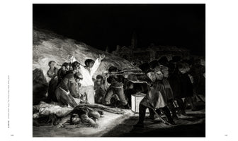 A dramatic black and white drawing, presented as a two-page spread, after Goya's The Third of May 1808. The nighttime scene shows a line of soldiers aiming their rifles at a group of civilians. A central man in a white shirt raises his arms in defiance as others cower and fall. Dead bodies lie in the foreground.