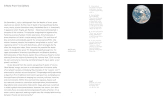 A two-page spread from a publication. On the left, an article titled A Note from the Editors discusses the impact of the Blue Marble photograph. On the right, the iconic Blue Marble photo of Earth is displayed in the upper corner against a black background, accompanied by a column of footnotes.