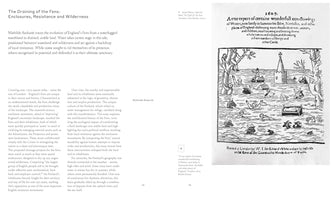 A two-page spread of an article titled The Draining of the Fens: Enclosures, Resistance and Wilderness. On the right is a black-and-white 1607 woodcut depicting a great flood. The illustration shows a chaotic scene with a submerged church, people and livestock drowning in the water, and survivors clinging to trees and rooftops.