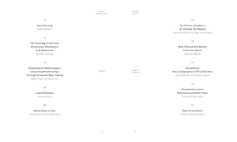 A two-page spread showing the table of contents for DELUS magazine, Issue 1, Autumn 2024, with the theme Chasing Water. The content is arranged in two columns and lists the following articles and their authors: Navel Gazing, The Draining of the Fens, Embroidered Waterscapes, Liquid Shadows, Not a Drop Is Lost, On Thirst, Men Talk but the Women Fetch the Water, Bordoclima, Desalination and a New Environmental Public, and Dam Circumsonic.