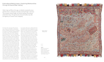 A two-page spread from a publication titled Embroidered Waterscapes. The left page features the text of an essay, while the right page displays a large, 19th-century woven and embroidered Kashmiri map shawl. The shawl shows an intricate, bird's-eye view of the city of Srinagar, with countless buildings and a network of blue waterways, all enclosed by a decorative border with colorful fringe.