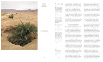 A two-page spread from a book. The left side features a large photograph of a vast desert landscape in Iran, where lush green palm trees grow out of deep pits in the sandy ground. The right page contains dense columns of text under the heading ON 'THIRST' AND SEEKING DEEP HIDDEN WATERS, discussing ancient irrigation methods like the qanāt.