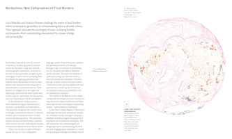 A two-page spread from a publication titled Bordoclima: New Calligraphies of Fluid Borders. The left page contains paragraphs of text explaining the concept of dynamic, fluid borders. The right page features a large, circular map of a globe rendered in intricate, vein-like lines of pink, white, and orange, illustrating the concept.