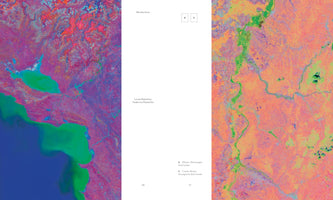 A two-page spread from the publication Bordoclima, displaying two vibrant, false-color satellite images of fluid borders. The left image shows the Albania-Montenegro border, a coastal scene with green water and pink, mountainous land. The right image shows the Croatia-Bosnia Herzegovina border, featuring a green river winding through an orange and yellow landscape. A white column in the middle contains the title, author names, and a legend.