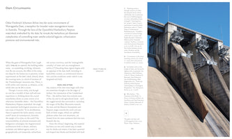 A two-page magazine spread titled Dam Circumsonic. The left page has an article about Australia's Warragamba Dam. The right page is dominated by a large, low-angle photograph of the massive, curved concrete wall and gate structures of the dam against a clear blue sky, with footnotes listed beside it.