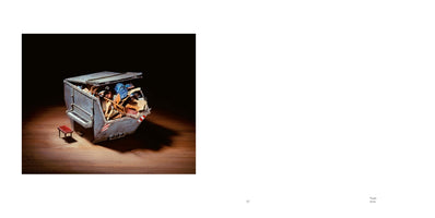 A surreal sculpture of a miniature grey dumpster on a wooden floor. The front of the dumpster is a piano keyboard, with a tiny red piano bench placed in front of it. The dumpster is open and overflowing with trash.