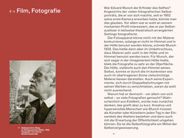A page from a publication with a two-column layout. The left column is reddish-brown and features the heading Film, Fotografie, along with a black-and-white self-portrait of an elderly Edvard Munch from 1930. The right column contains a body of text in German discussing Munch's photography.