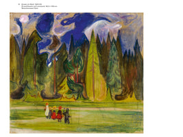 An Expressionist painting by Edvard Munch, Children in the Forest. A group of small children walks along a grassy field at the edge of a dark, menacing forest. The stylized trees loom like large figures under a turbulent, deep blue sky with a pale moon, creating an unsettling and dreamlike atmosphere.