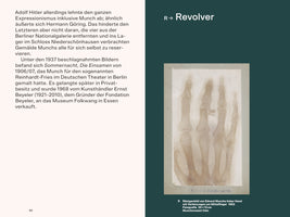 A two-page book spread. The left page contains a block of German text on a white background. The right page has a dark teal background with the title R → Revolver above a vintage, sepia-toned X-ray of Edvard Munch's left hand from 1902, showing an injury to the middle finger.