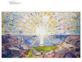 An expressionist painting by Edvard Munch titled The Sun. A large, brilliant white and yellow sun hangs over a blue sea, sending out powerful, radiating beams of light in yellow, orange, red, and blue. The dynamic rays fill the sky and illuminate a rugged landscape of rocky cliffs in the foreground.