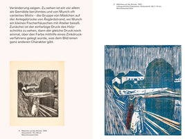 A page from a book displaying two versions of Edvard Munch's 1918 artwork, Mädchen auf der Brücke (Girls on the Bridge). On the left is a black-and-white woodcut. On the right is a color print of the same scene, predominantly blue and white. Both expressionist images show girls on a bridge, with houses and trees in the background. German text accompanies the images.
