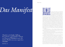 A page from a book by Marie Sarré discussing Surrealism. The page has a two-column layout. The left column has a solid blue background with the title, Das Manifest, in a large white serif font at the top, and a quote by André Breton at the bottom. The right column is white with black text in German, starting with an ornate blue and white initial. The page number 53 is at the bottom.