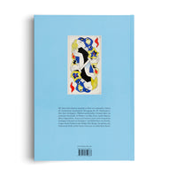 The back cover of a light blue hardcover book. In the center is a colorful, surrealist illustration styled like a playing card. It features two mirrored female figures, one upright in black and the other inverted in white, surrounded by hands and abstract shapes in red, yellow, and blue. Below the artwork is a paragraph of German text, publishing information, and a barcode.