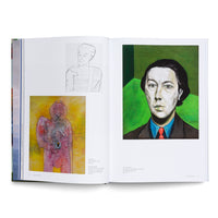 An open art book laid flat, showing a two-page spread. The left page contains a black and white line drawing above a colorful abstract painting of a pink figure. The right page features a single large, painted portrait of a person with a pale face and dark hair against a geometric green background.