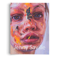 The cover of an art book titled Jenny Saville, featuring a close-up, expressive portrait of a face. The painting is done with thick, textured brushstrokes in shades of pink, red, and orange. A vertical, abstract section of colors cuts through the center of the face, over the nose and one eye.