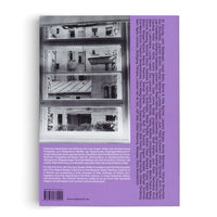 The back cover of a book with a light purple background, displayed at an angle. It features a large, vertical black-and-white photograph of a four-paned window reflecting fragmented views of city buildings. A long list of names is printed vertically in white text to the right of the image. Below the photo are descriptive paragraphs, a barcode, and an ISBN.