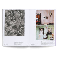 An open art book showing a two-page spread. On the left page is a black-and-white botanical photograph by Karl Blossfeldt of tangled witch-hazel flowers. On the right page are two color photographs by Stephen Shore depicting domestic interiors. The top image shows a wall with a mirror and a wristwatch; the bottom image shows a wall with two framed portraits and a clock. Text captions are below each artist's work.