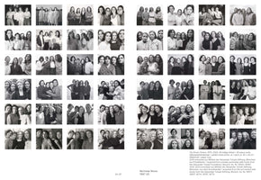 A two-page spread displaying Nicholas Nixon's photographic series, The Brown Sisters. The work consists of 48 black-and-white photographs arranged in a grid, taken annually from 1975 to 2022. Each photo shows the same four sisters posing in the same order, creating a poignant visual record of their aging and the passage of time.