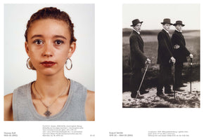 An image from a book displays two photographs side by side. On the left is a modern, color portrait by Thomas Ruff of a young woman with slicked-back hair, hoop earrings, and red lipstick, looking directly at the camera. On the right is a historical, black-and-white photograph by August Sander showing three young men from 1914 dressed in suits and hats, holding canes while standing in a field.
