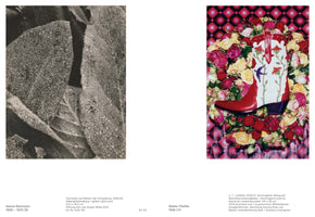 A page from a book or catalog displaying two contrasting photographs. On the left is a black-and-white, close-up image by Aenne Biermann of large, textured leaves covered in tiny dew drops. On the right is a vibrant color photograph by Walter Pfeiffer of a red and white embroidered cowboy boot resting on a bed of red, pink, and yellow roses, set against a pink and black geometric background.