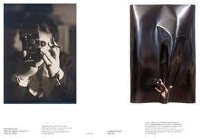 A two-page book spread. On the left is a 1925 black-and-white self-portrait by Germaine Krull, who holds a large camera obscuring her face and a cigarette in her other hand. On the right is a 2024 artwork by Ludwig Dressler, showing a hand with white-tipped fingers pressing out from behind a crumpled, glossy black surface. Captions with details are below each image.
