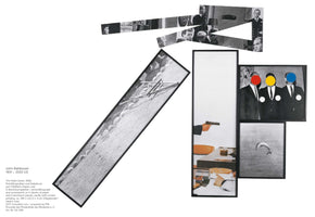 A conceptual artwork by John Baldessari, The Fallen Easel, featuring a dynamic collage of framed photographic images against a white background. A large, tilted black-and-white image shows a toppled easel on a textured surface. To the right, a vertical panel contains a color photo of a hand holding a pistol. Another image shows three men in suits, their faces obscured by primary-colored circles in red, yellow, and blue. A fragmented strip of black-and-white portraits runs across the top.