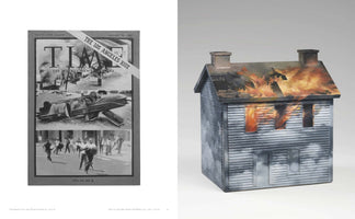 A side-by-side comparison of two artworks. On the left, a black-and-white painting of the August 20, 1965, Time magazine cover, headlined THE LOS ANGELES RIOT. On the right, a sculpture of a two-story house with its roof and upper windows engulfed in painted flames, and its siding stained with soot.