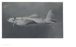 A black and white, photorealistic painting of a World War II-era American bomber in mid-flight against a dark, uniform sky. The twin-engine propeller plane is shown from a side profile, with the US star insignia visible on its fuselage and wing. A dark, ribbon-like form trails from the aircraft's tail.