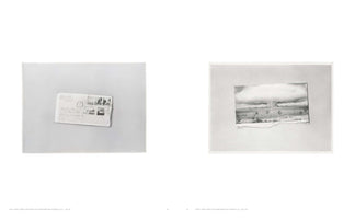 A book page displaying two separate, black-and-white photorealistic drawings. On the left, a drawing shows a postmarked envelope with stamps and a handwritten address. On the right, a drawing depicts a torn and creased photograph of a wide, flat landscape under a large, low cloud, with a plume of smoke visible on the horizon.